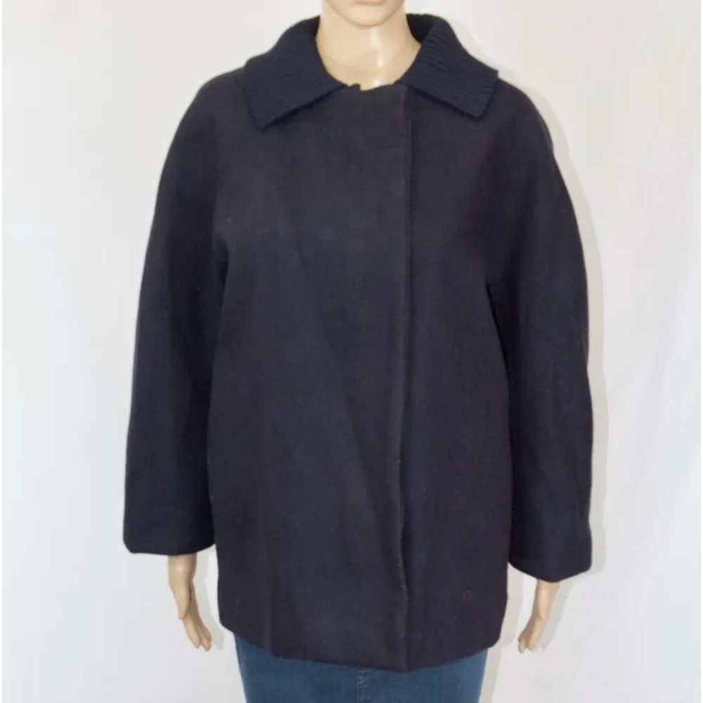 COS Wool Asymmetric Coat with Removable Knit Collar, Navy Size 44 REG $250